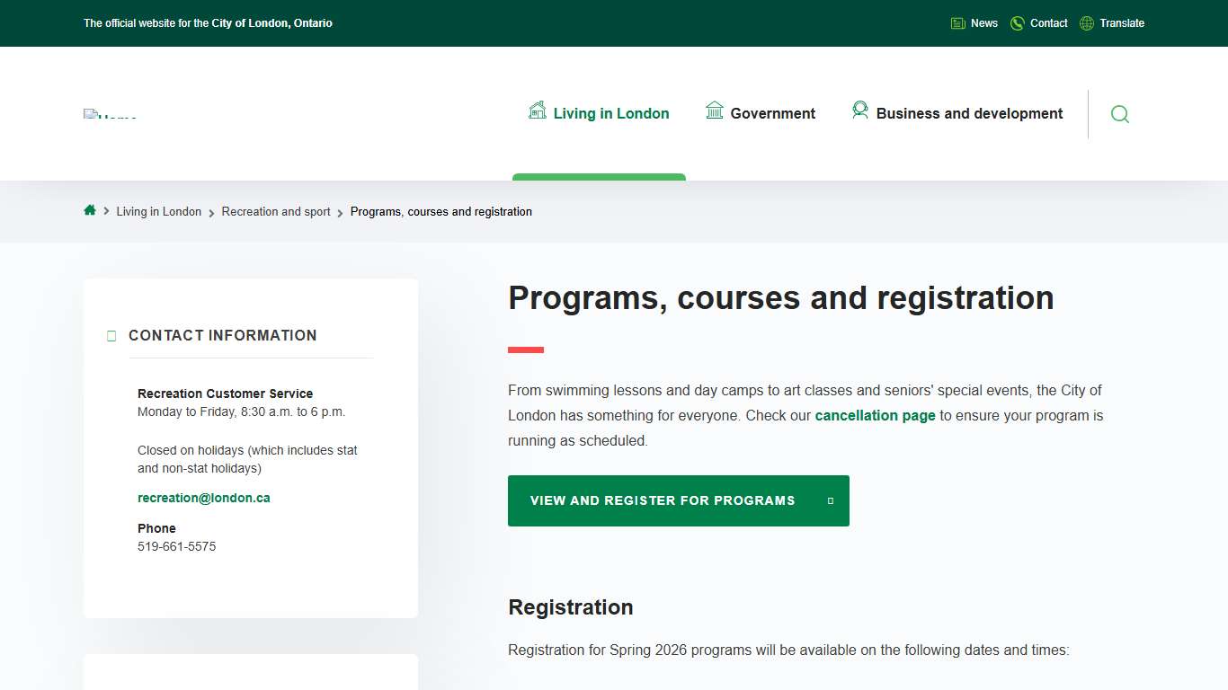 Programs, courses and registration City of London